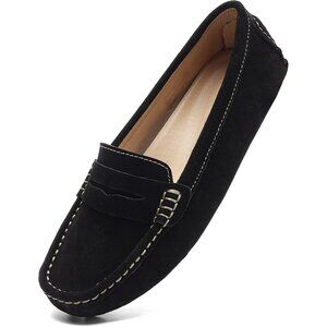 Women's Black Suede Leather Slip-On Fashion Retro Casual Penny Loafers Shoes